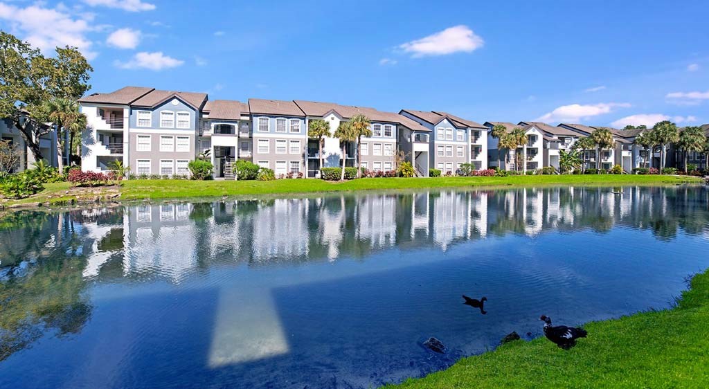 an apartment building overlooking a lake with ducks