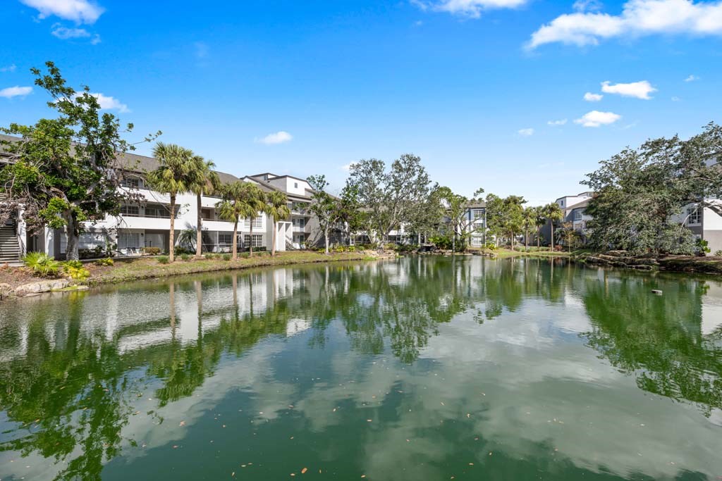 a body of water with houses and trees on the side of it