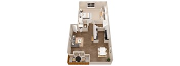 a 3d rendering of a 1 bedroom floor plan with a kitchen and living room