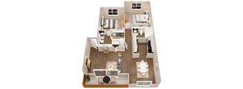 a 3d drawing of a bedroom with a living room and dining room