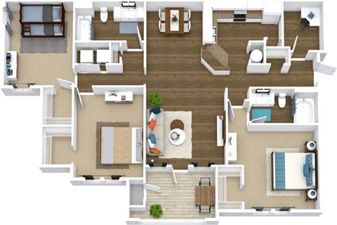 a floor plan of a house with furniture and a swimming pool
