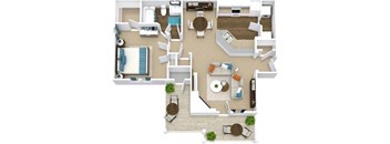 a floor plan of a house with furniture and a pool