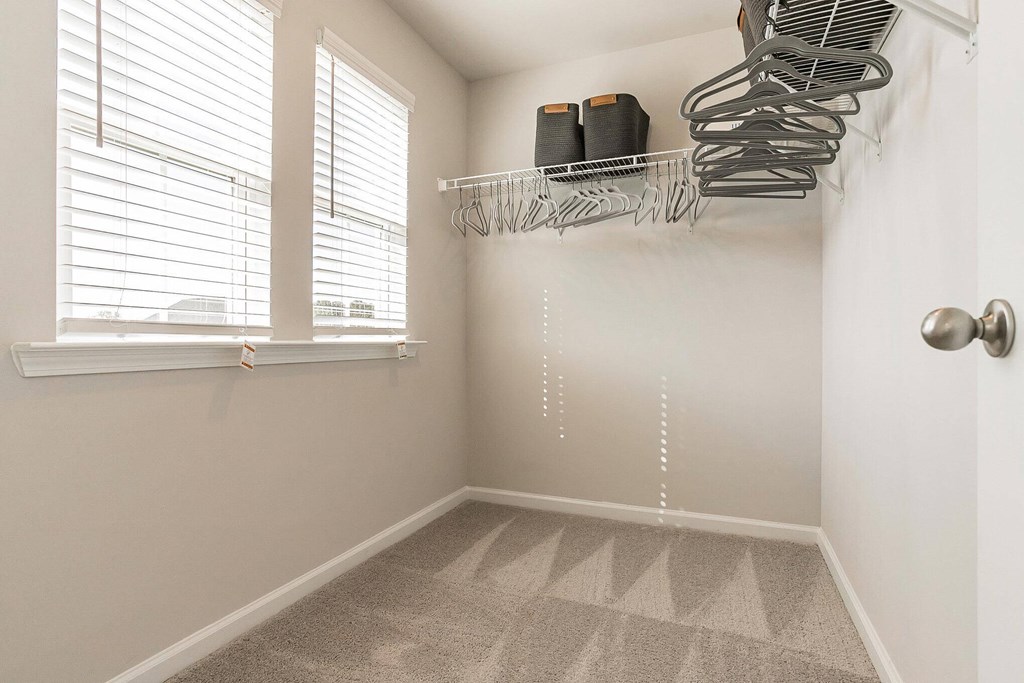 an empty closet with a window and a closet organizer