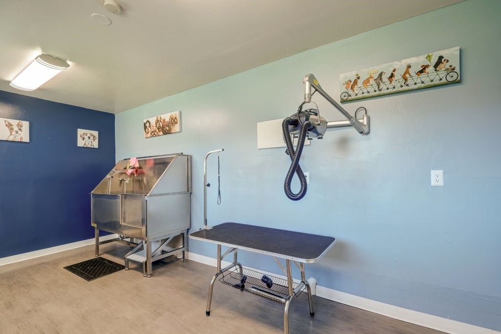 a surgery room with a table and a surgical instrument on the wall