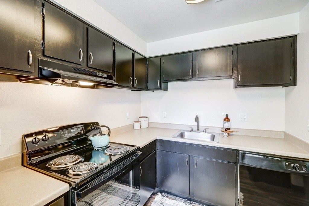 a kitchen with black appliances and black cabinets and a sink