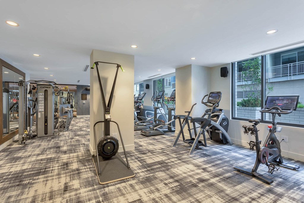 a gym with weights and cardio equipment at the enclave at woodbury apartments