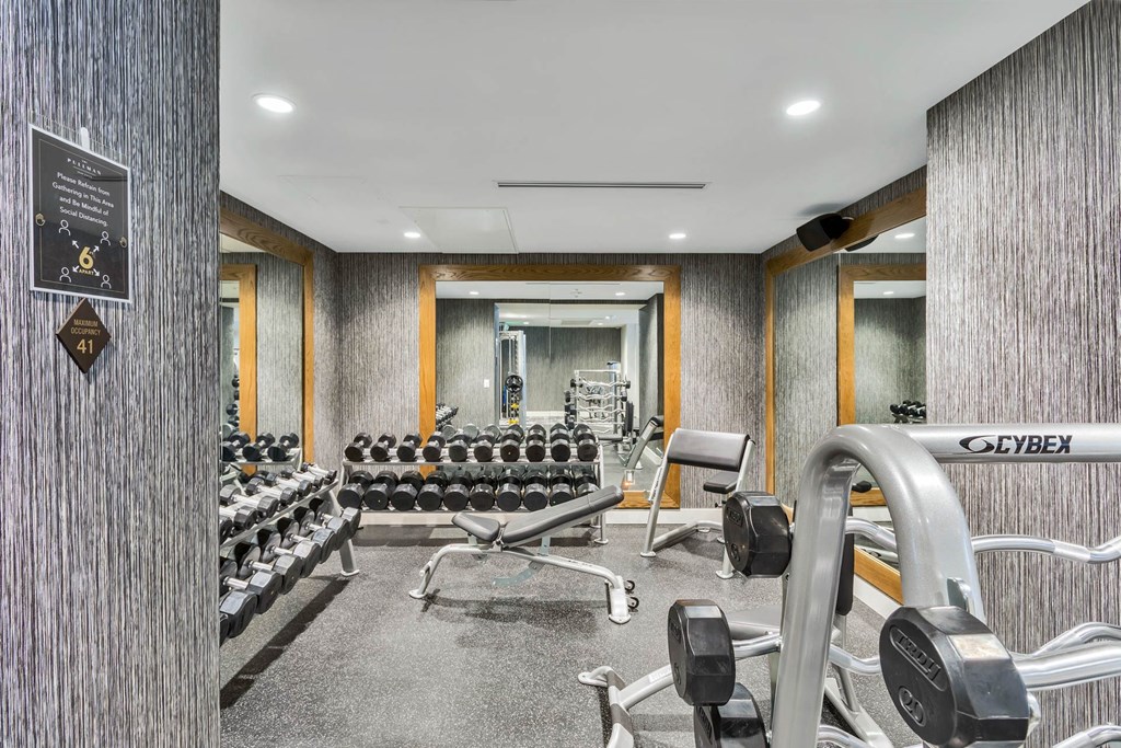 a gym with a row of weights and chairs in it