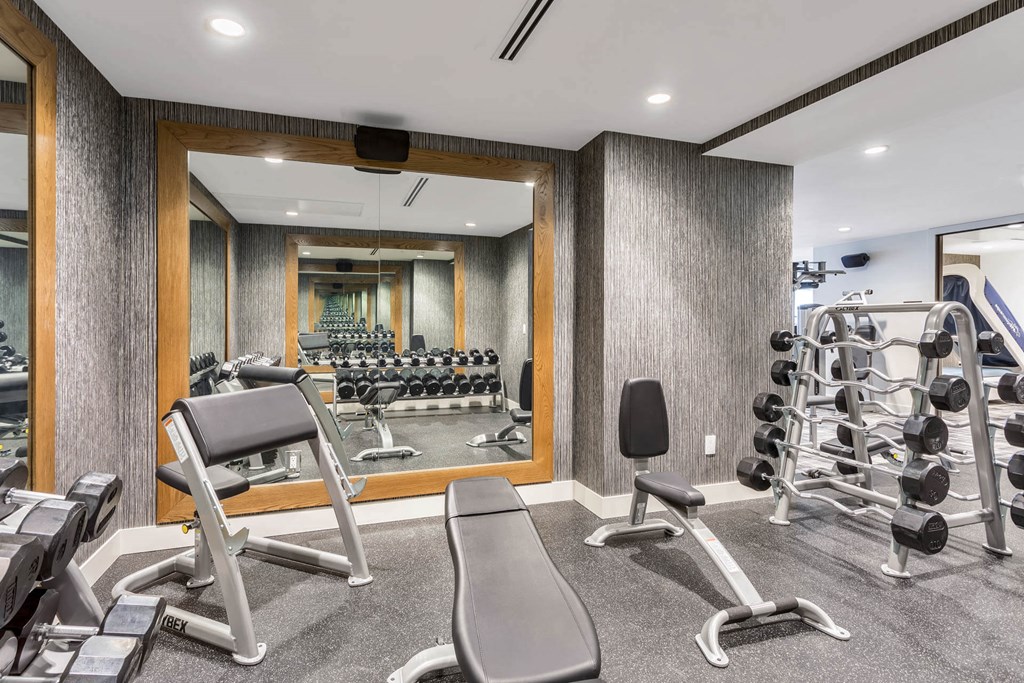 a gym with weights and a mirror