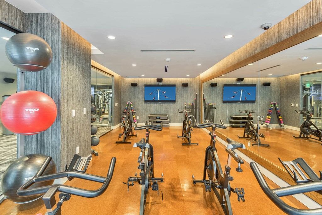 a gym with weights and cardio equipment on the floor and a tv
