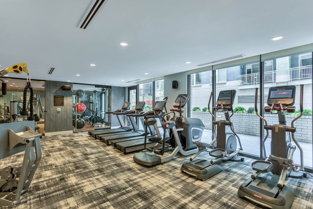 a gym with cardio equipment and windows in a building