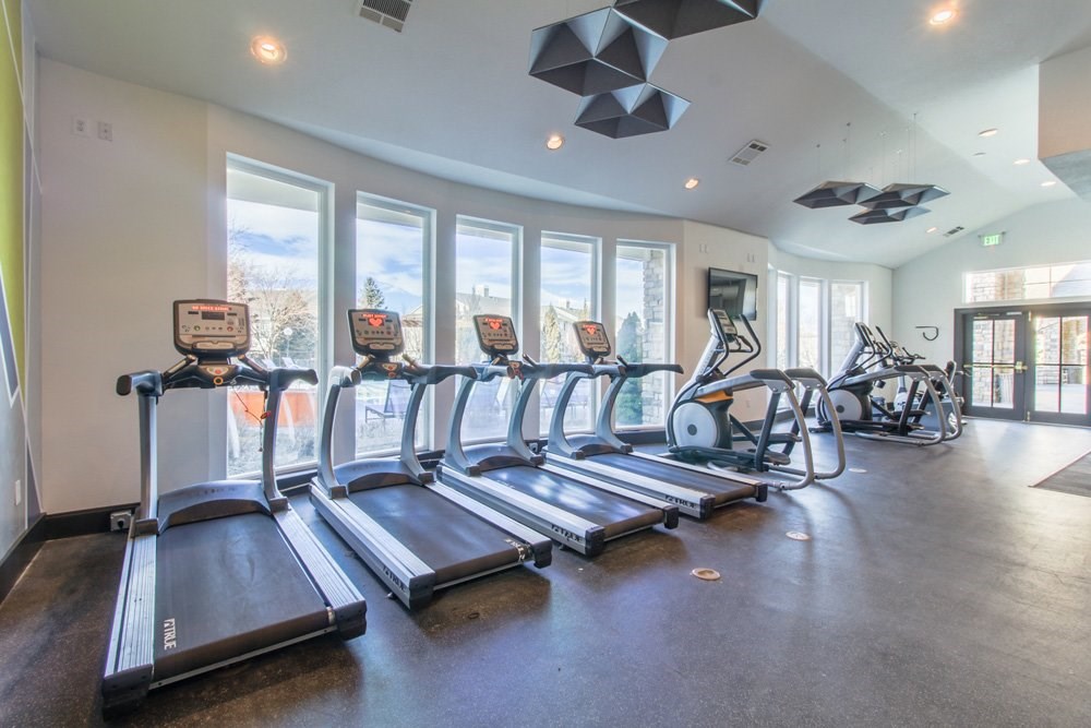 the apartments at masse corner 205 fitness room with cardio equipment and windows