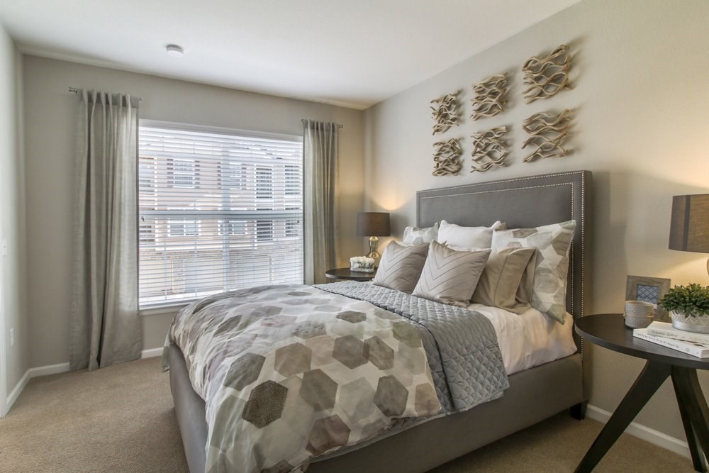 a bedroom with a large bed and a window