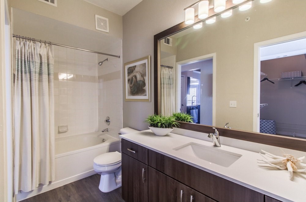a bathroom with a large mirror and a sink and a toilet