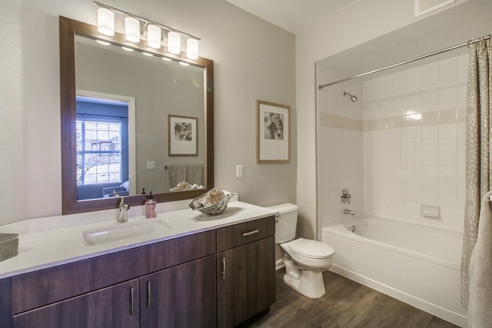 a bathroom with a large mirror and a toilet and a tub