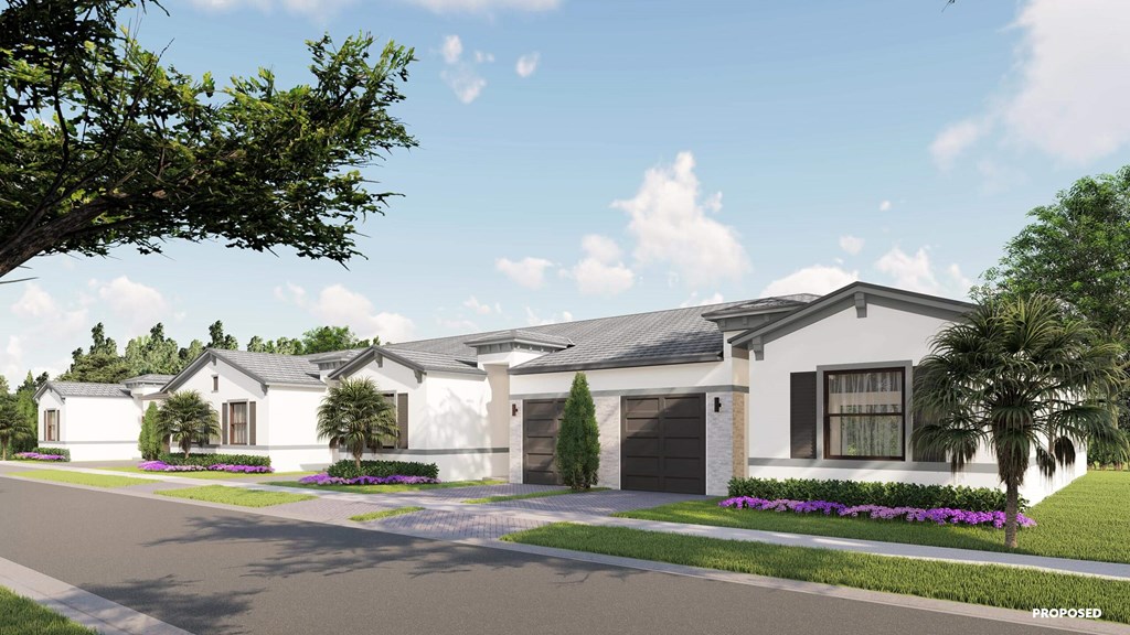 a rendering of a white house with a driveway and trees