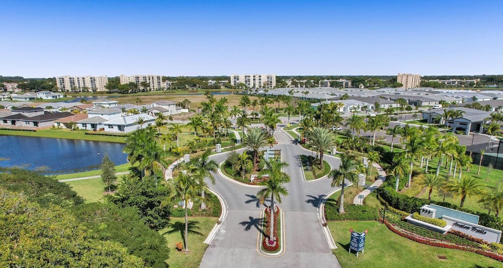 an aerial view of a park with palm trees