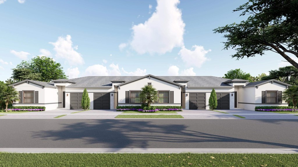 a rendering of a house with a driveway and trees