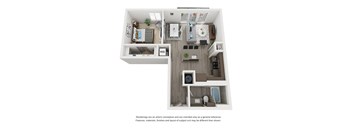 a stylized floor plan with a bedroom and a living room