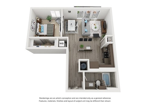 a stylized floor plan with a bedroom and a living room