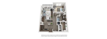 a stylized floor plan with a bedroom and a kitchen