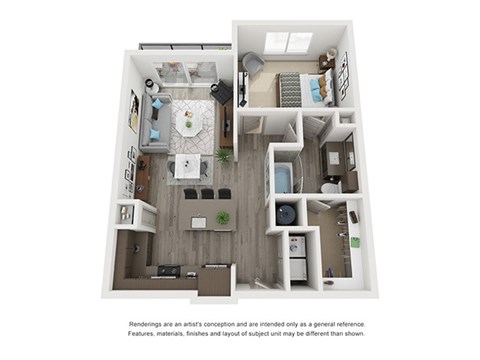 a stylized floor plan with a bedroom and a kitchen