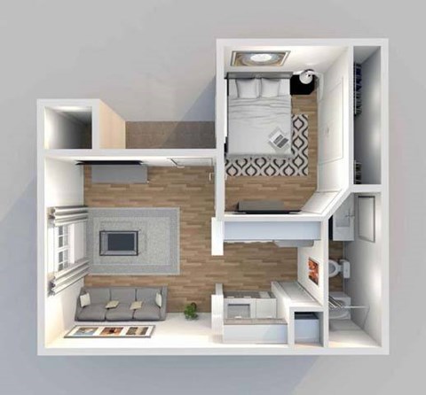 a 3d drawing of a small house with a bedroom and a living room