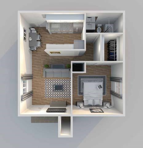 a 3d drawing of a house with a desk and a laptop