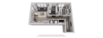 a stylized floor plan with a bedroom and a living room