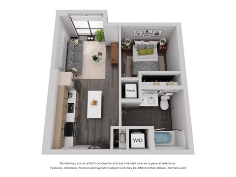 a 1 bedroom floor plan with a bathroom and a balcony
