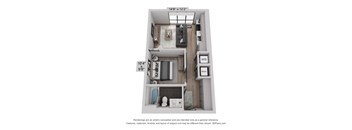 a stylized floor plan with a bedroom and a living room