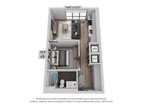 a stylized floor plan with a bedroom and a living room