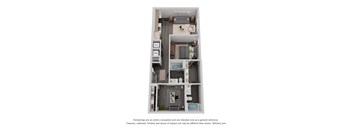 a stylized floorplan rendering of a 1 bedroom apartment with a bathroom and a