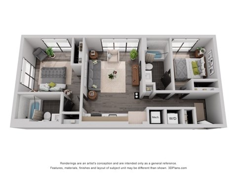 a stylized floor plan with a bedroom and a living room