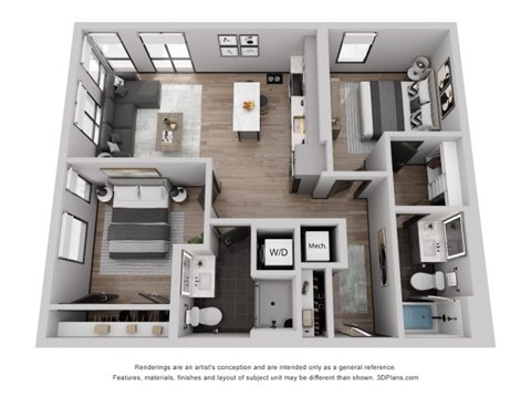 a 1 bedroom floorplan is shown in this rendering