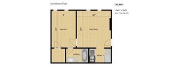 a floor plan of a room with a bed and a bathroom