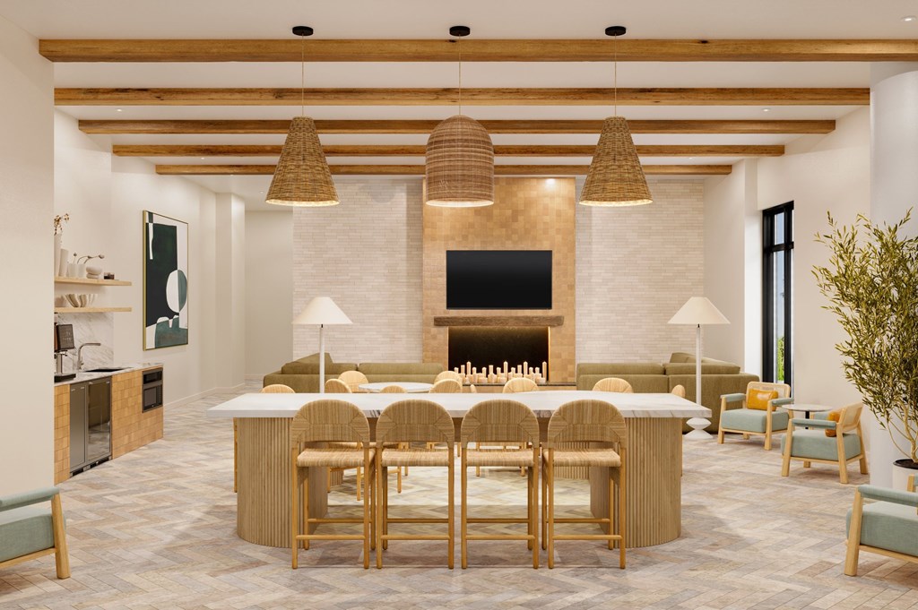 a rendering of a clubhouse with a bar and living room