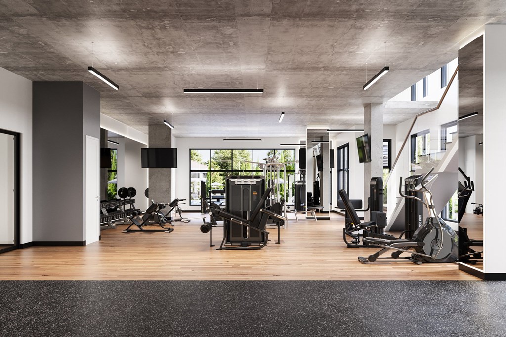 the gym is equipped with state of the art cardio machines and weights