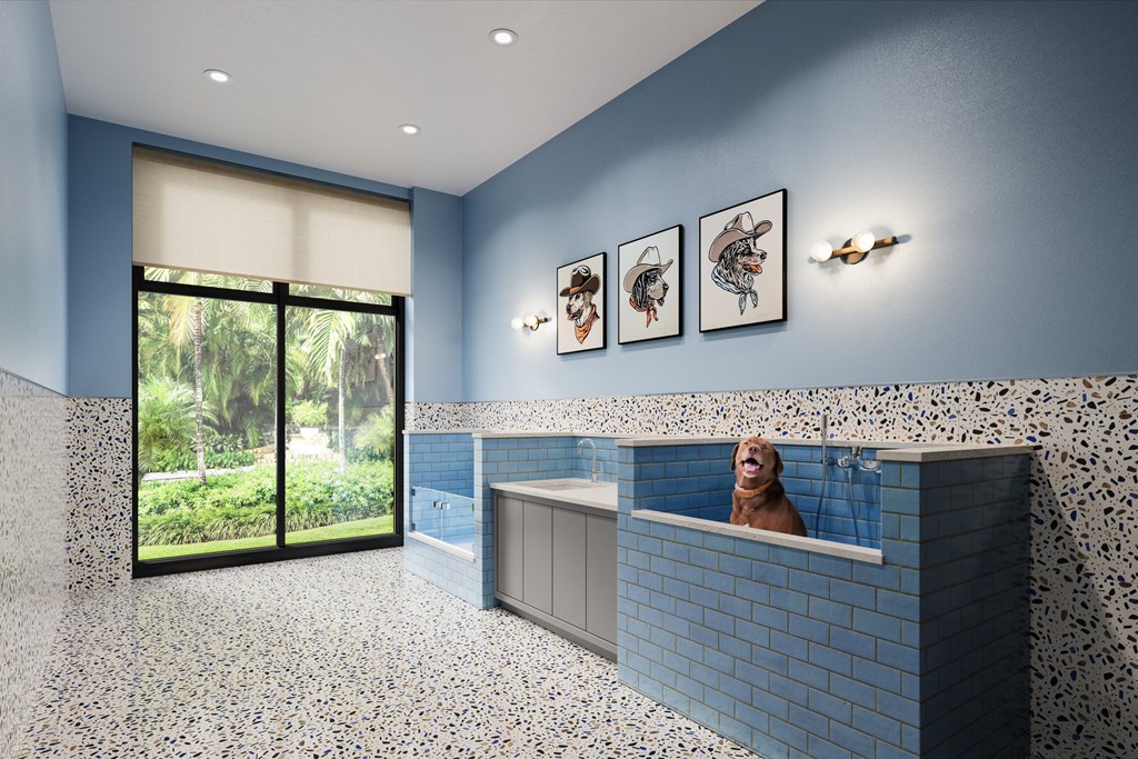 a dog sitting in a reception area with blue tiles