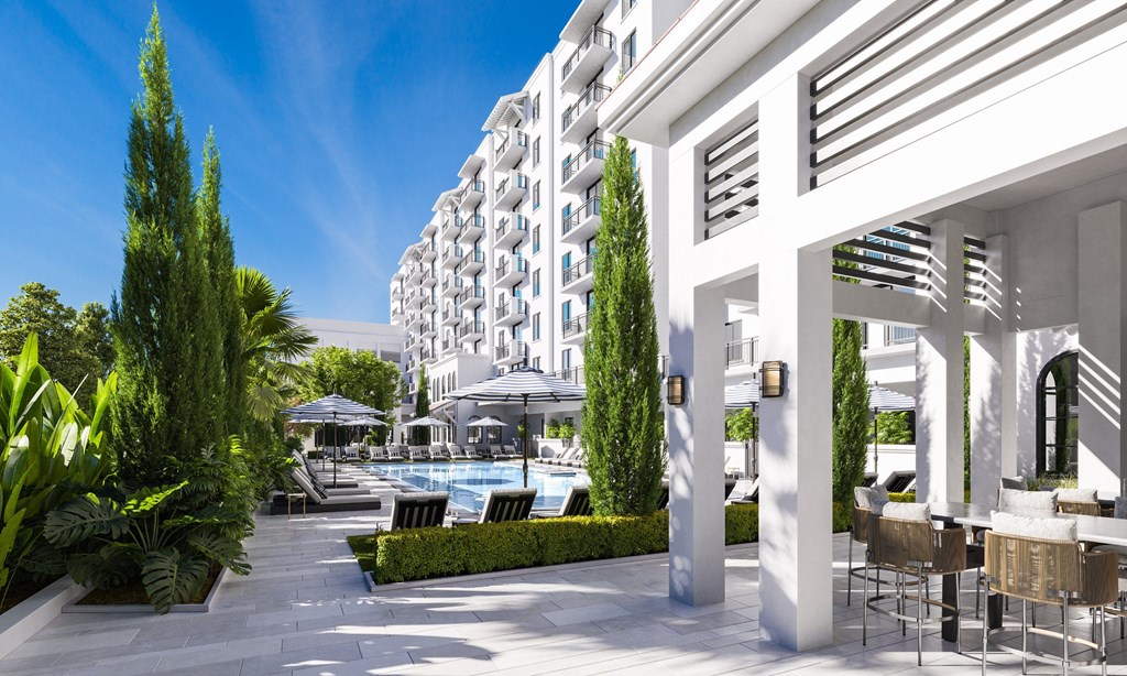 a rendering of a hotel with a pool and patio area
