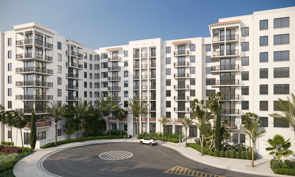 a rendering of an apartment building with a street in front of it