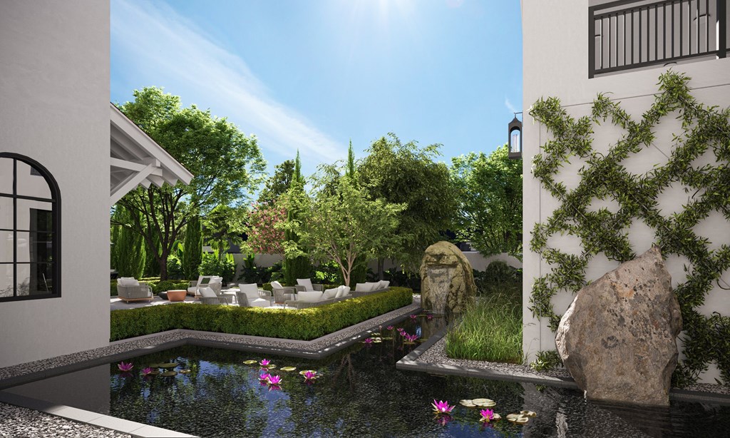 a rendering of a yard with a pond and a house