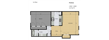 a floor plan of a small apartment with a bedroom and a bathroom