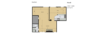 a floor plan of a small apartment with a bedroom and a bathroom