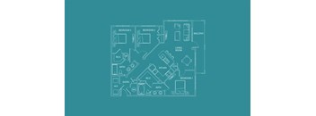 a white and blue schematic drawing of a floor plan of a house