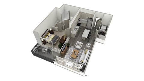 a stylized floor plan with a bedroom and a living room