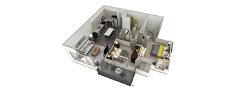 an illustration of a 3d floor plan with a bedroom and living room