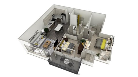an illustration of a 3d floor plan with a bedroom and living room