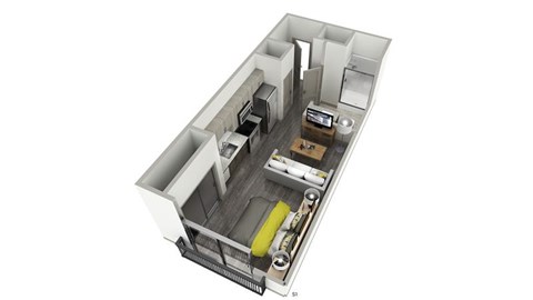 an overhead view of a floor plan of a small apartment