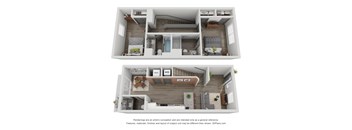 a stylized 3d floor plan of a592 square foot house