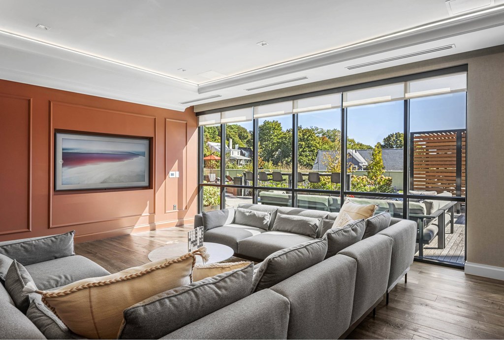 a living room with a gray couch and a tv